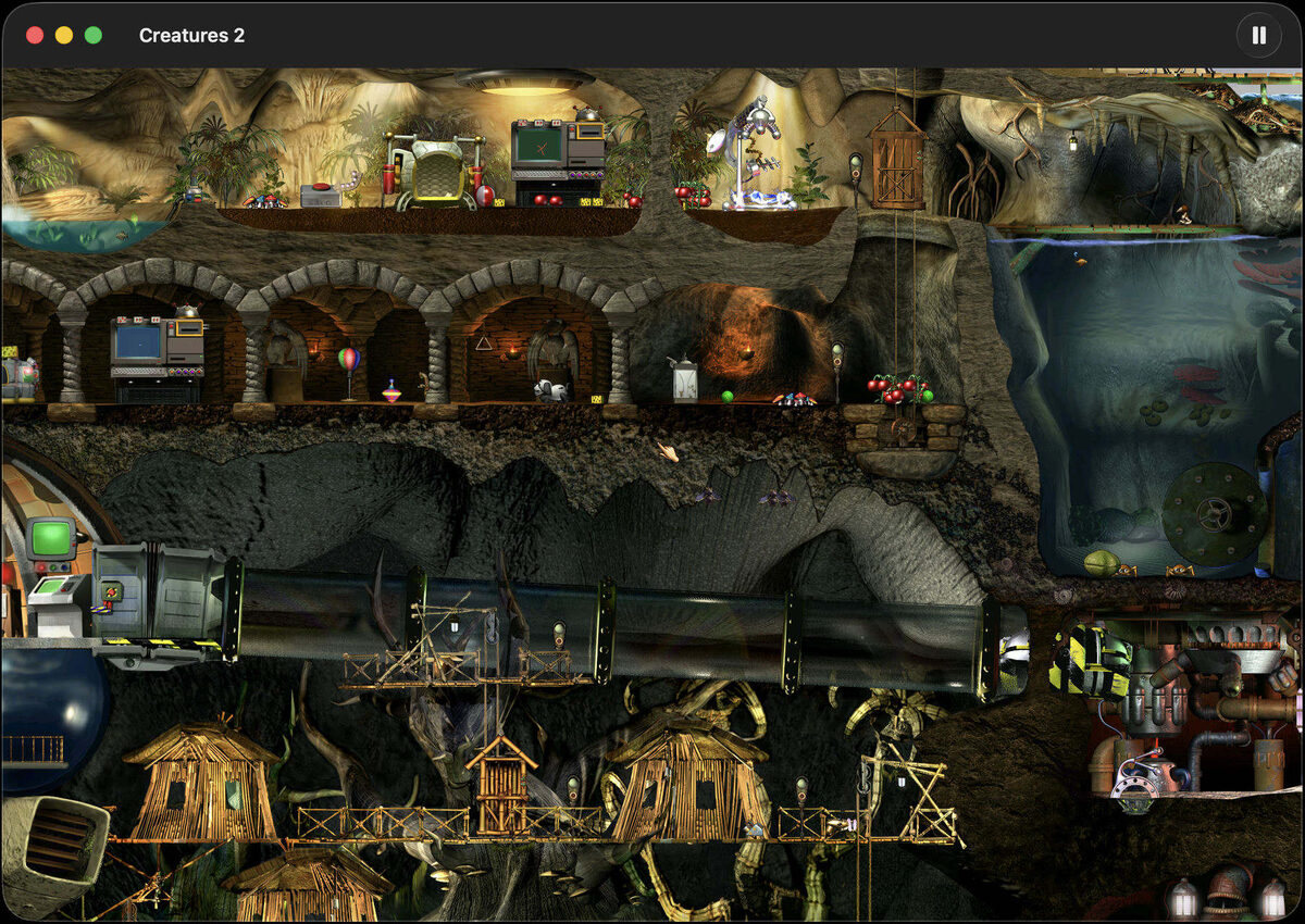 A native macOS window titled Creatures 2 showing a cross-section of Albia with its underground caves, ocean and wooden huts.