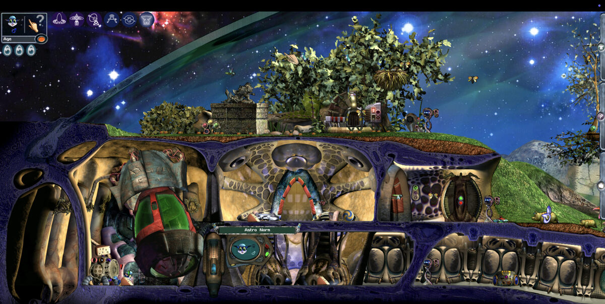 The Docking Station Ark shown as a wide cross-section against a starfield, running full-screen on macOS, with an Astro Norn name label visible.
