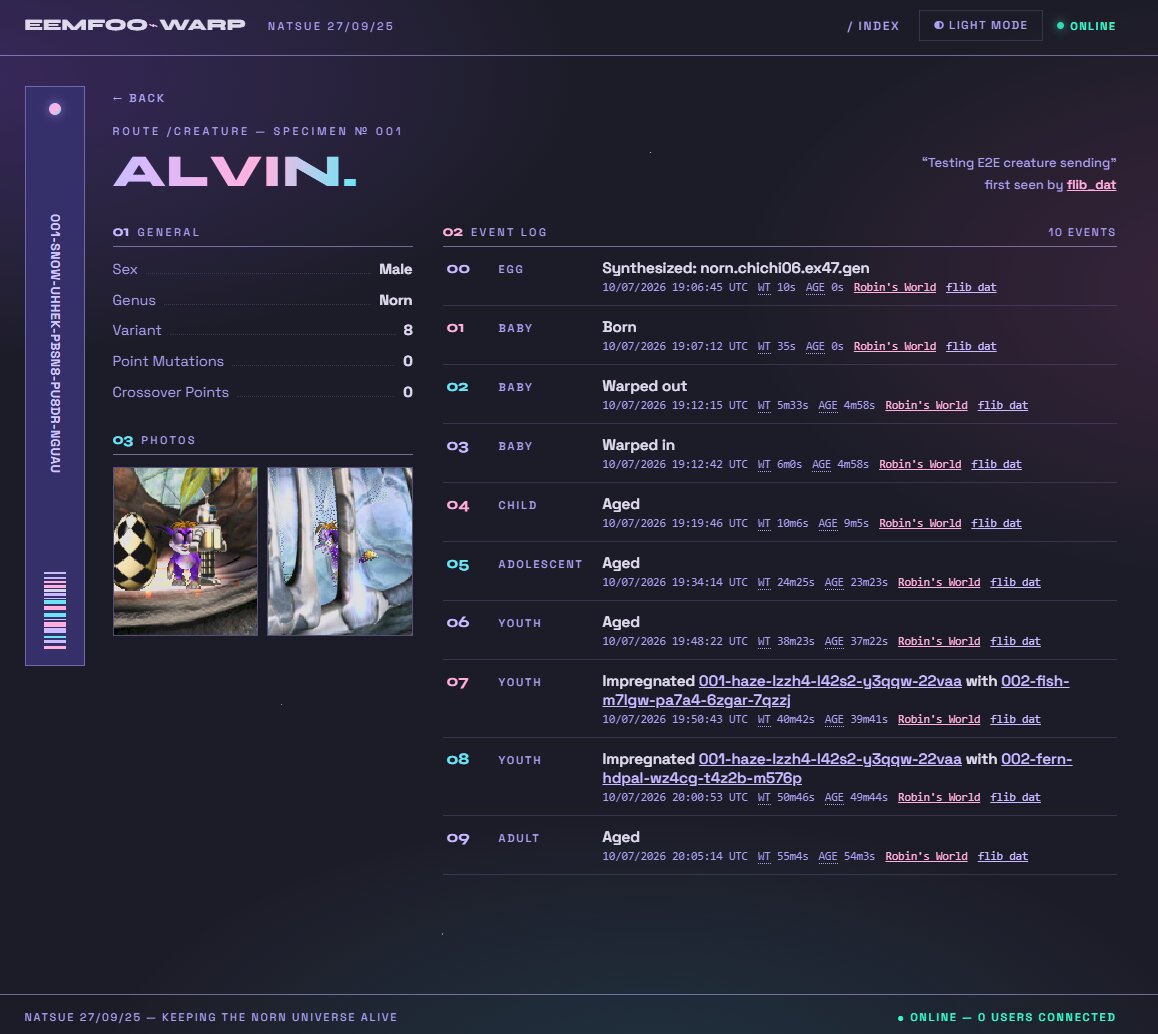 A dark sci-fi web interface headed EEMFOO-WARP, showing a norn named Alvin with a general stats panel, two photos, and a numbered event log running from egg through to adult.